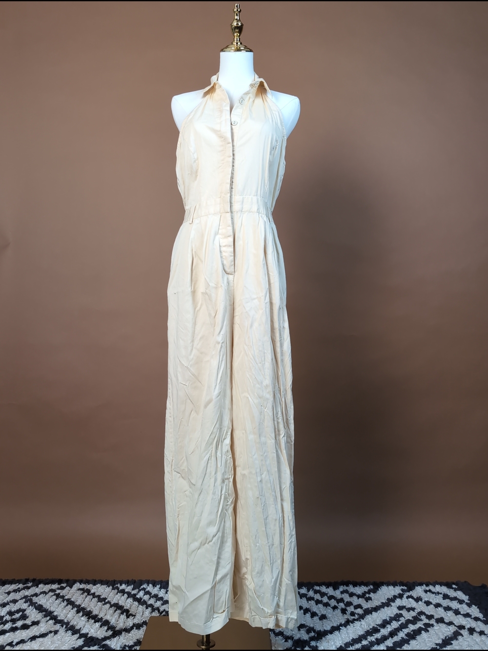 Effortless The Drop HighLowLuxxe Halter Jumpsuit in Cream Model Off-Duty